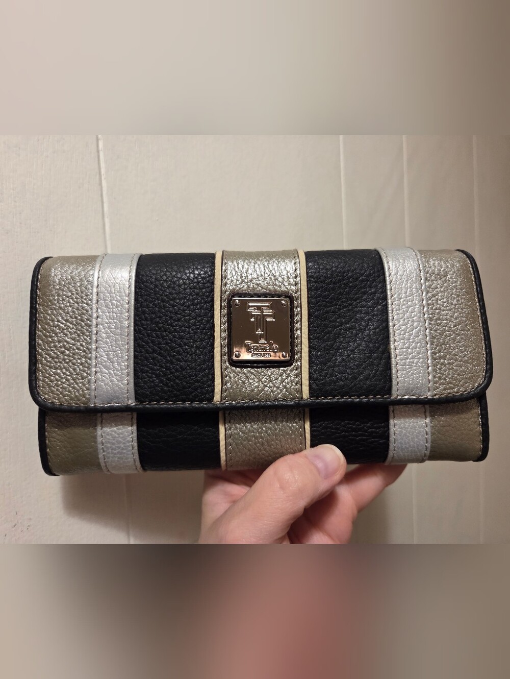 Tignanello Black and Metallic Leather Trifold Wallet